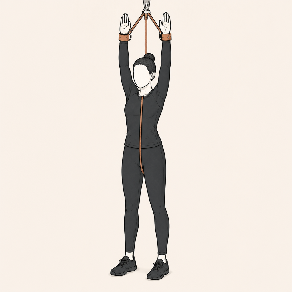 Diagram: Arms overhead, lowering them pulls the crotch rope