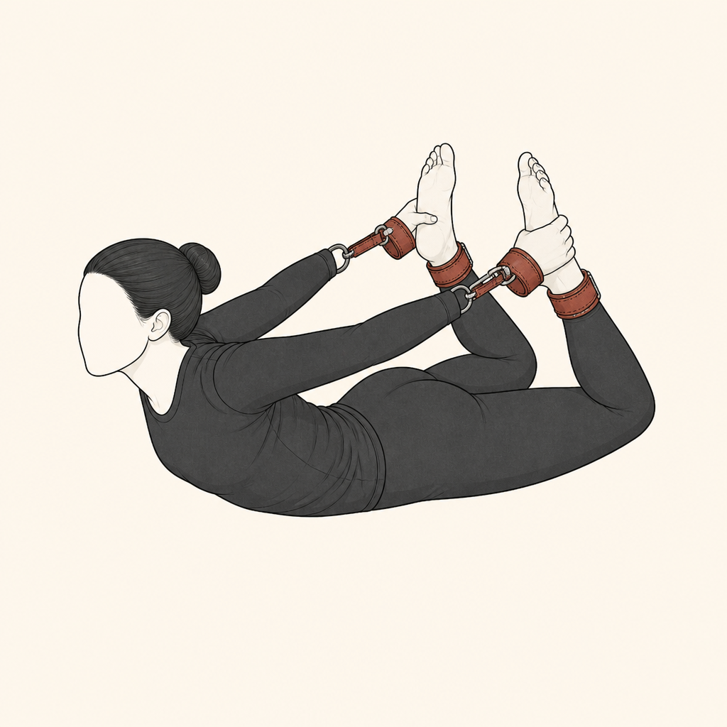 Diagram: Wrists clipped to ankles, face down